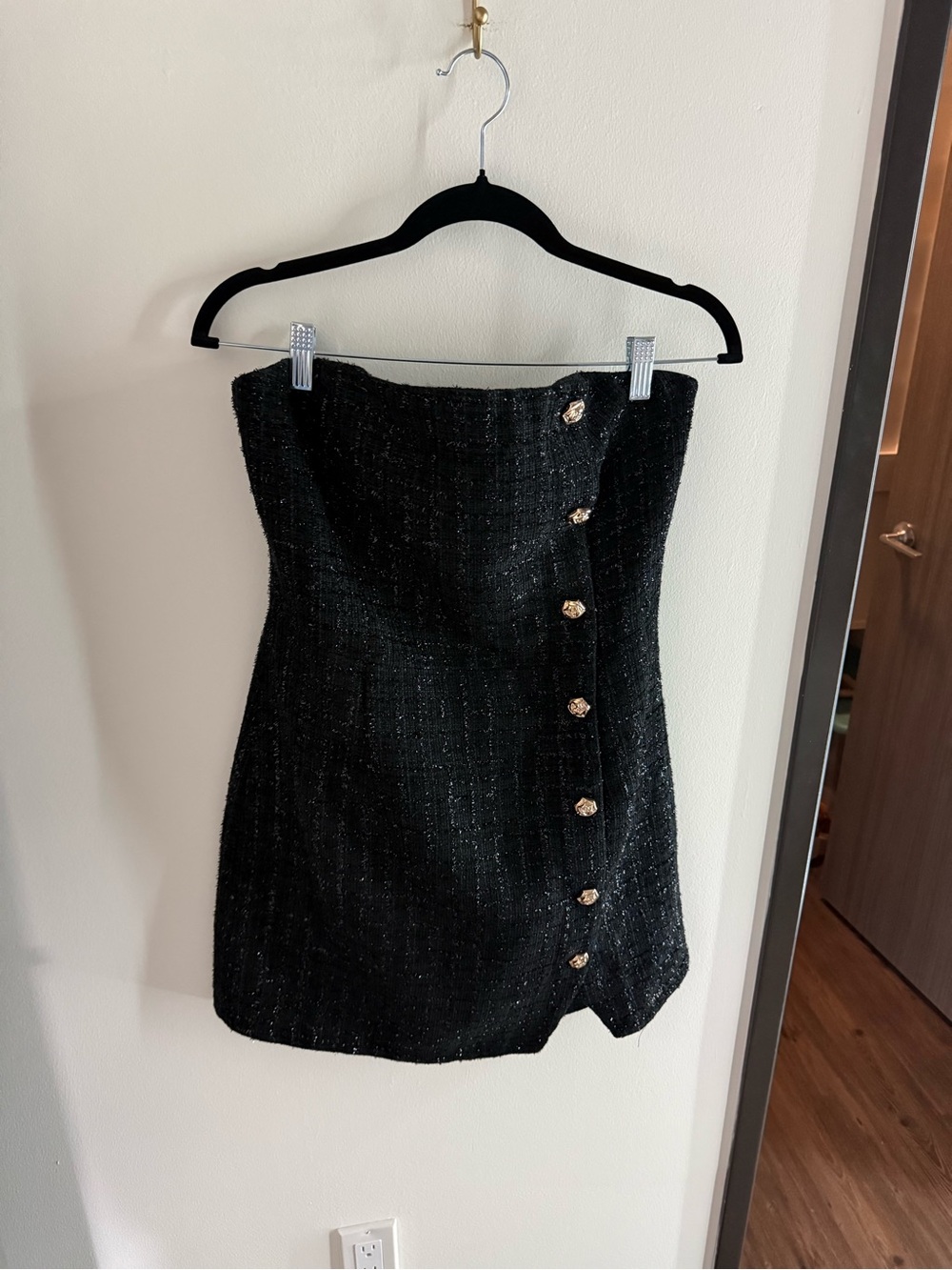 Flying Tomato Black Tweed Strapless Mini with Gold Buttons